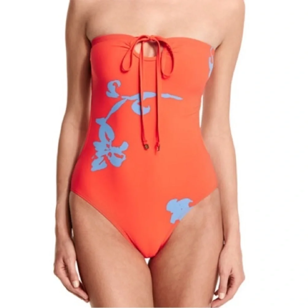 Tory Burch One piece Talisay Swimsuit Poppy Red Open Back Convertible Sz XS NEW